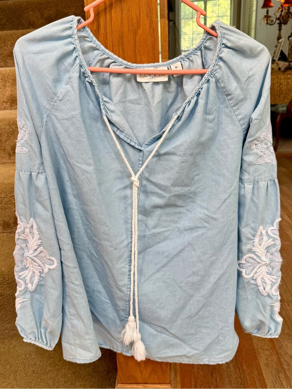 Light Blue Chambray Cloth Embroidered Peasant Top with Tassel Tie size medium